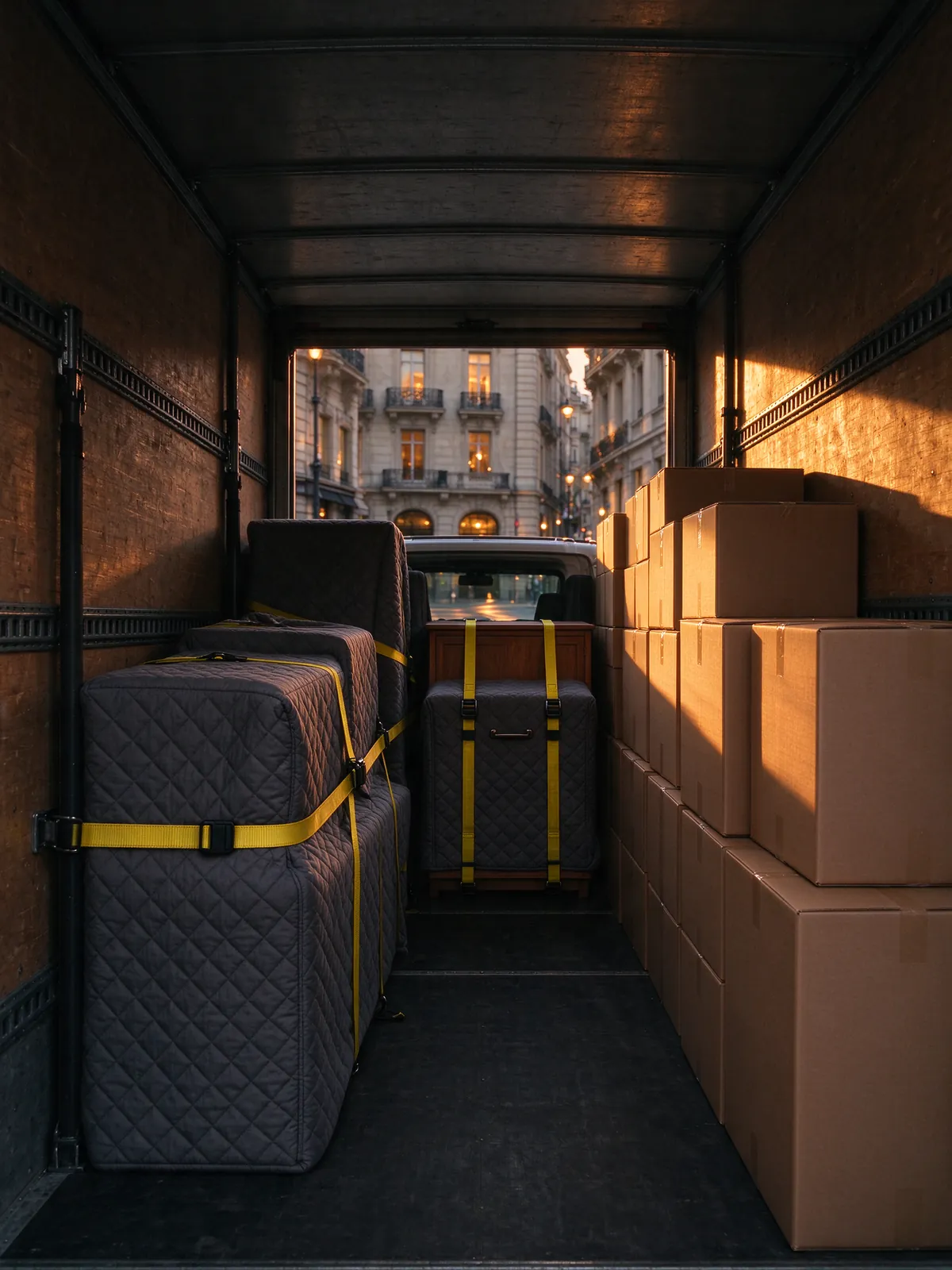 Intérieur du camion : meubles couverts et sanglés, cartons empilés, lumière dorée par la porte ouverte