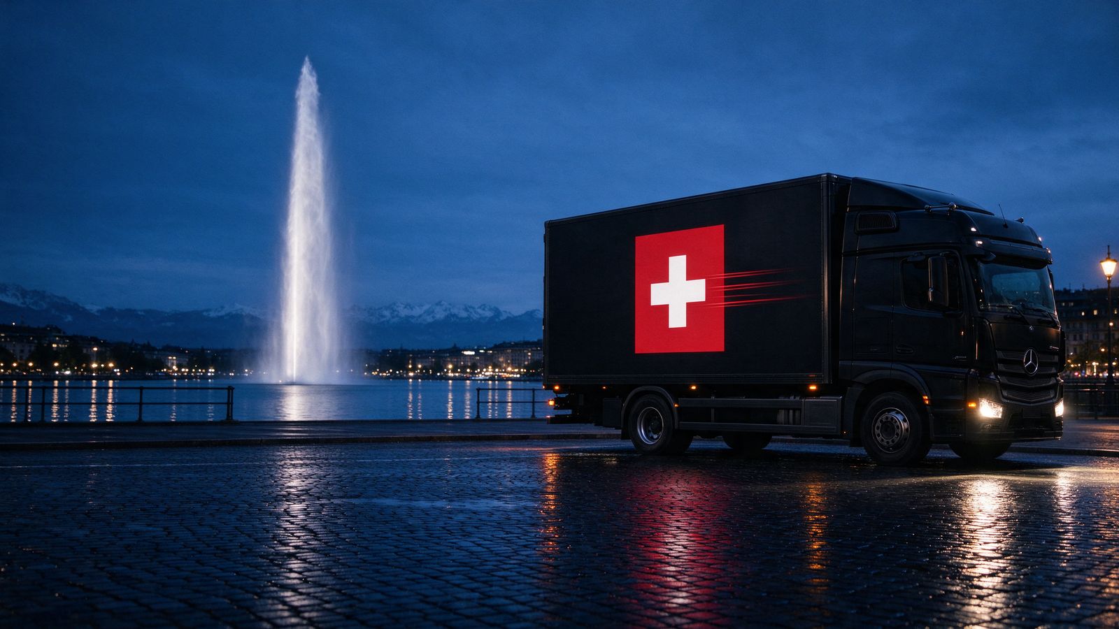 Camion noir Easy Move Express à la croix suisse, garé sur le quai face au Jet d'eau de Genève à l'heure bleue